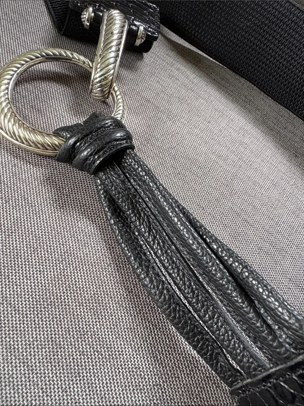 Black Elastic Waist Belt with Silver Ring Hardware